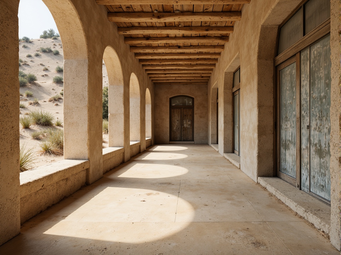 Prompt: Weathered sandy dunes, rough stone walls, rustic wooden planks, worn concrete floors, peeling paint textures, distressed metal surfaces, faded fabric patterns, natural earthy tones, warm beige colors, soft golden lighting, shallow depth of field, 1/1 composition, realistic normal maps, ambient occlusion.