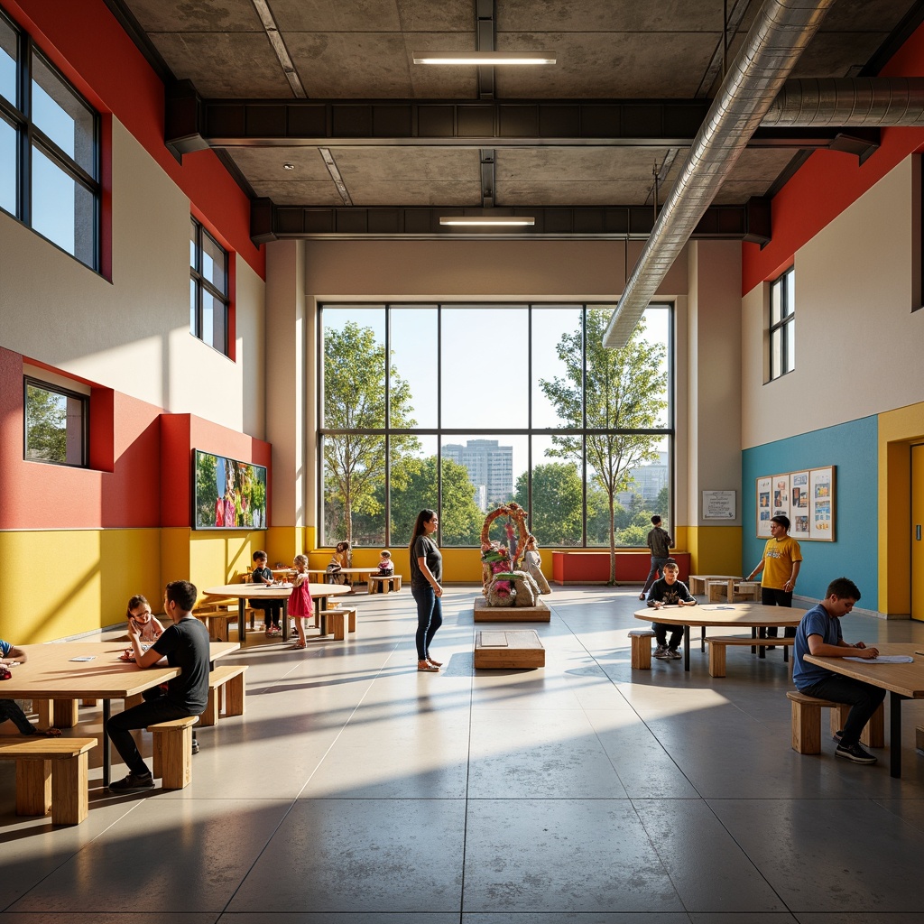 Prompt: Vibrant elementary school, constructivist architecture, open spaces, minimalist design, bold color schemes, geometric shapes, industrial materials, exposed ductwork, polished concrete floors, natural light, floor-to-ceiling windows, collaborative learning areas, flexible seating arrangements, interactive whiteboards, educational displays, playful sculptures, urban landscape views, sunny day, soft warm lighting, shallow depth of field, 3/4 composition, panoramic view, realistic textures, ambient occlusion.