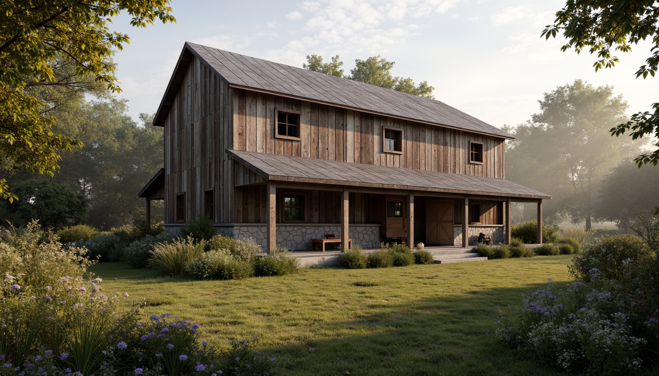 Prompt: Rustic barn, weathered wood planks, distressed finishes, earthy tones, natural stone foundations, wooden shutters, corrugated metal roofs, vintage farm equipment, overgrown wildflowers, lush greenery, misty morning, soft warm lighting, shallow depth of field, 3/4 composition, panoramic view, realistic textures, ambient occlusion.