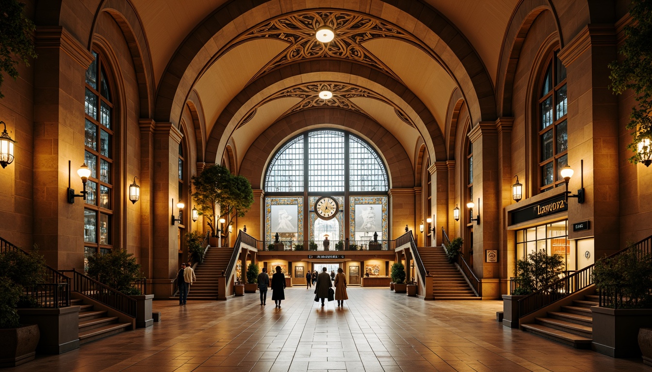 Prompt: Grandiose metro station entrance, Gothic arches, ribbed vaults, ornate stone carvings, intricate stained glass windows, majestic clock towers, imposing stone columns, dramatic lighting effects, atmospheric misting systems, polished granite floors, ornamental metal railings, grand staircases, high ceilings, symmetrical composition, 1/1 aspect ratio, warm golden lighting, shallow depth of field, realistic textures, ambient occlusion.