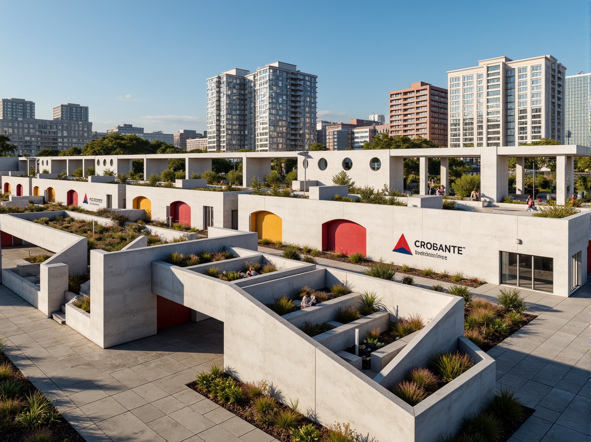 Prompt: Clean lines, rectangular forms, primary colors, industrial materials, steel beams, concrete walls, functional simplicity, minimalist aesthetic, geometric shapes, triangular roofs, circular windows, hexagonal patterns, bold typography, urban landscape, modern cityscape, sunny day, high contrast lighting, deep depth of field, 1/1 composition, symmetrical balance, abstract textures, subtle shading.