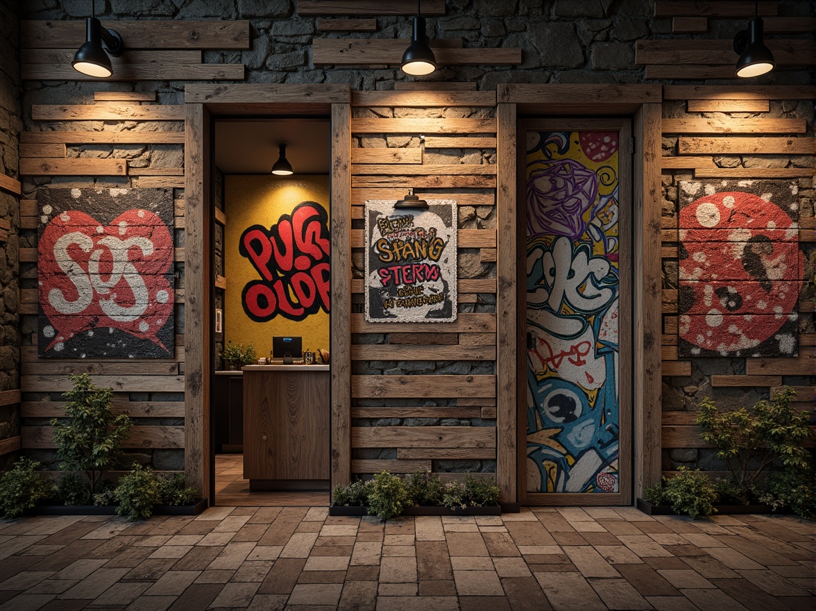 Prompt: Rustic wooden planks, distressed metal sheets, rough stone walls, vibrant graffiti murals, eclectic mix of materials, industrial chic aesthetic, reclaimed wood accents, exposed brick textures, metallic sheen, abstract geometric patterns, bold color contrasts, dynamic lighting effects, high-contrast shading, cinematic composition, dramatic focal points, atmospheric misting.