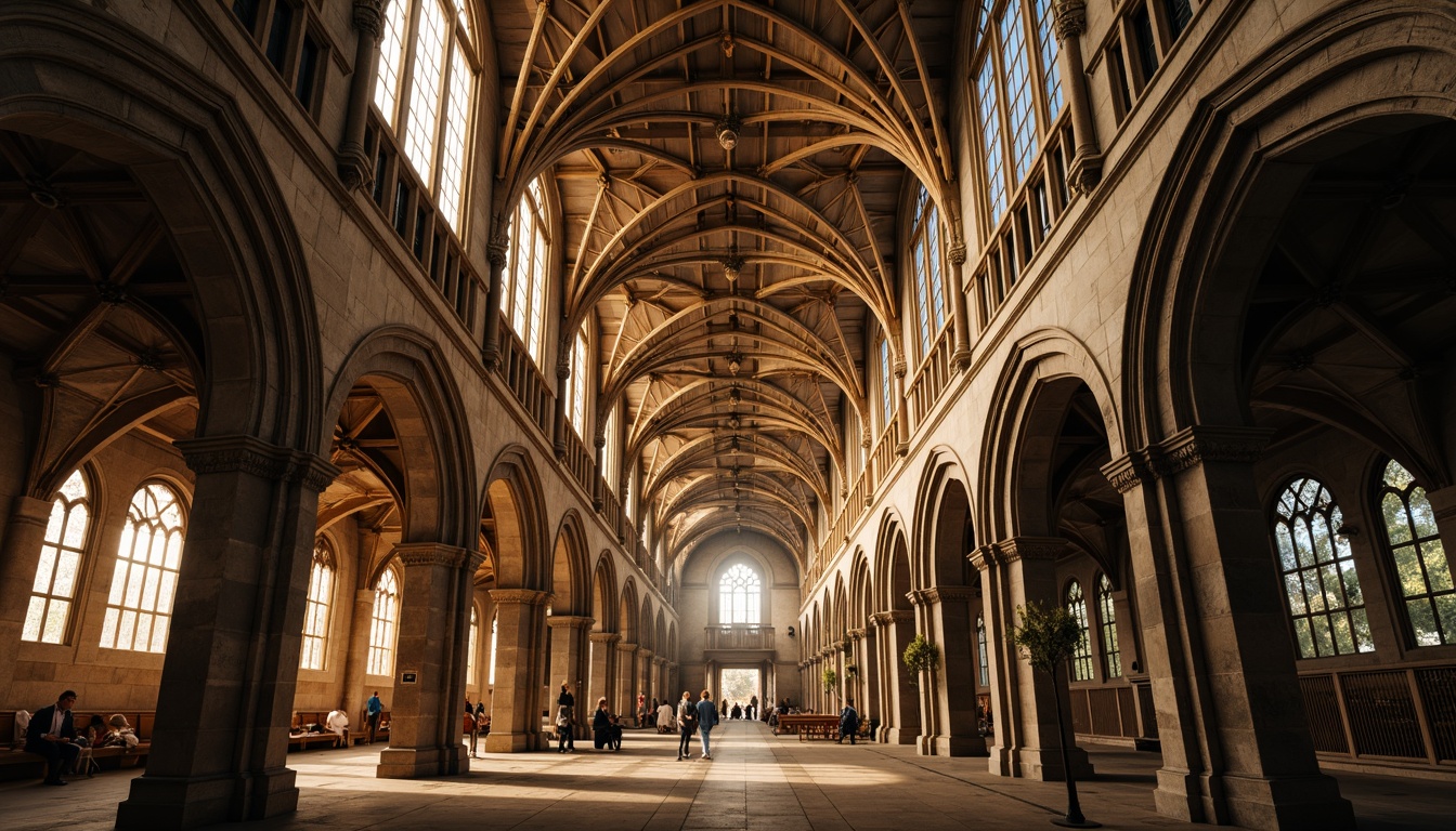 Prompt: Intricate stone carvings, ornate flying buttresses, grand cathedral architecture, ribbed vaulted ceilings, stained glass windows, dramatic verticality, soaring heights, majestic pillars, ornamental tracery, mystical ambiance, warm golden lighting, soft diffused shadows, 3/4 composition, symmetrical framing, realistic textures, ambient occlusion.