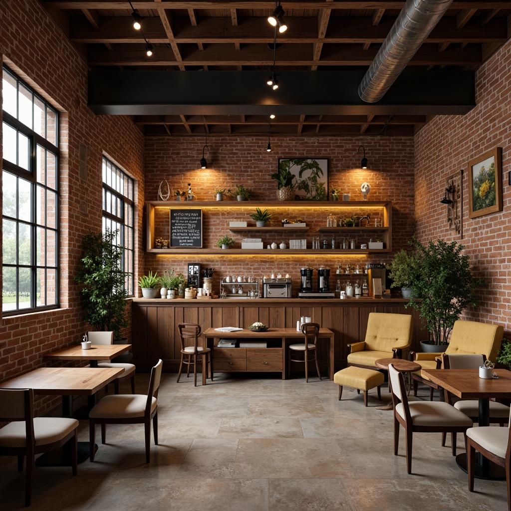 Prompt: Cozy coffee shop, warm earthy tones, rich wood accents, comfortable seating areas, vintage industrial decor, exposed brick walls, metal beams, reclaimed wood tables, plush armchairs, soft warm lighting, aromatic coffee scents, natural stone floors, earthy brown colors, creamy whites, deep blues, warm golden hues, rustic textures, organic patterns, inviting atmosphere, relaxed ambiance, modern minimalist touches, sleek metal fixtures, industrial-chic aesthetic.