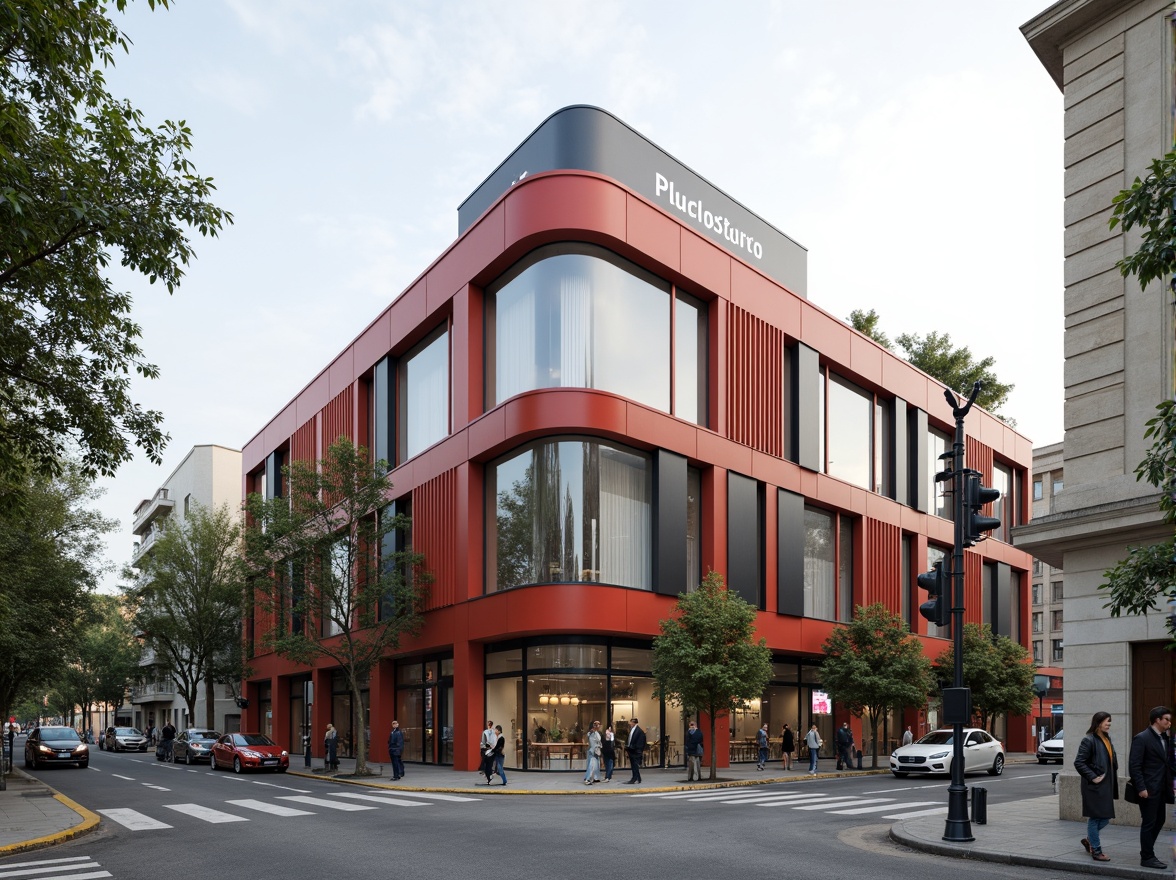 Prompt: Clean minimalist facades, rectangular forms, industrial materials, steel frames, large glass windows, functional simplicity, geometric shapes, primary color accents, bold typography, modernist architecture, urban cityscape, busy street scene, morning sunlight, soft shadows, shallow depth of field, 1/1 composition, realistic textures, ambient occlusion.