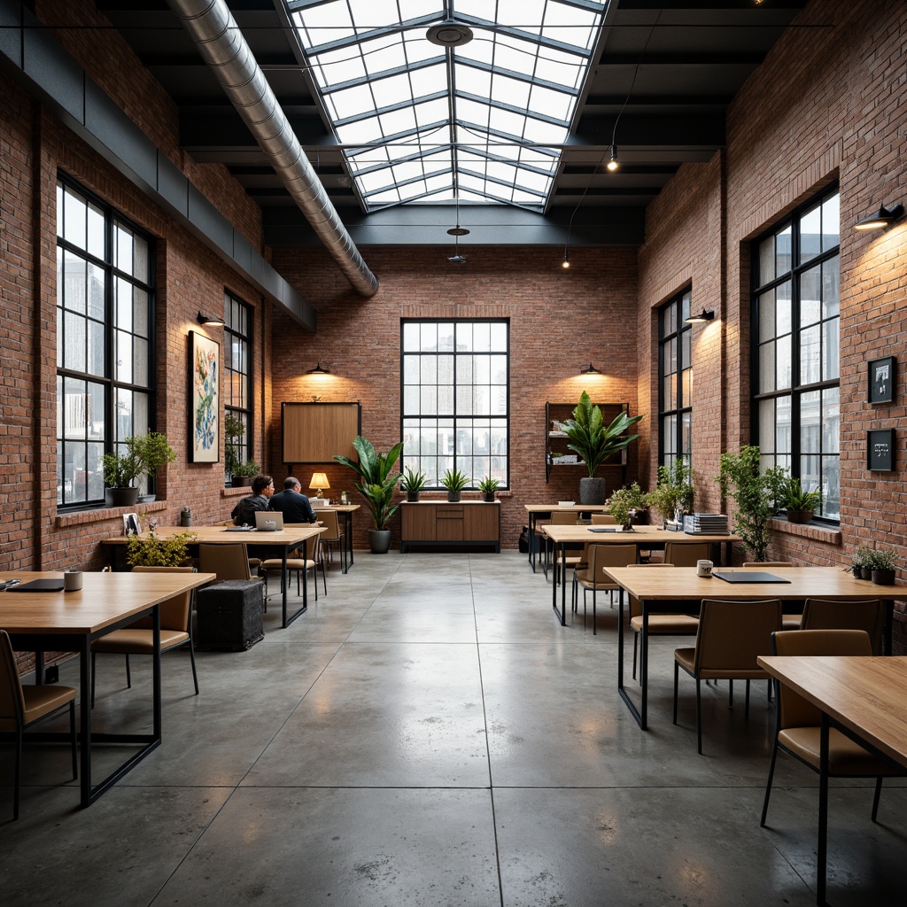 Prompt: Industrial chic workshop, exposed brick walls, polished concrete floors, minimalist decor, modernist architecture, large skylights, natural light pouring in, open spaces, collaborative workstations, wooden desks, metal chairs, eclectic artwork, reclaimed wood accents, urban loft atmosphere, soft warm lighting, shallow depth of field, 3/4 composition, realistic textures, ambient occlusion.