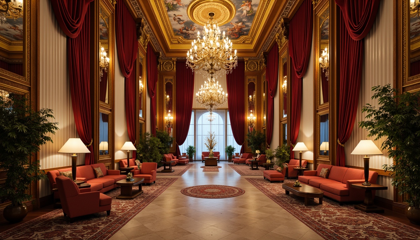 Prompt: Luxurious hotel lobby, grand chandelier, ornate furnishings, rich velvet drapes, intricately carved wooden panels, gilded mirrors, marble floors, ornamental columns, lavish frescoes, Baroque-inspired architecture, opulent textiles, regal color palette, warm golden lighting, shallow depth of field, 1/1 composition, realistic textures, ambient occlusion.