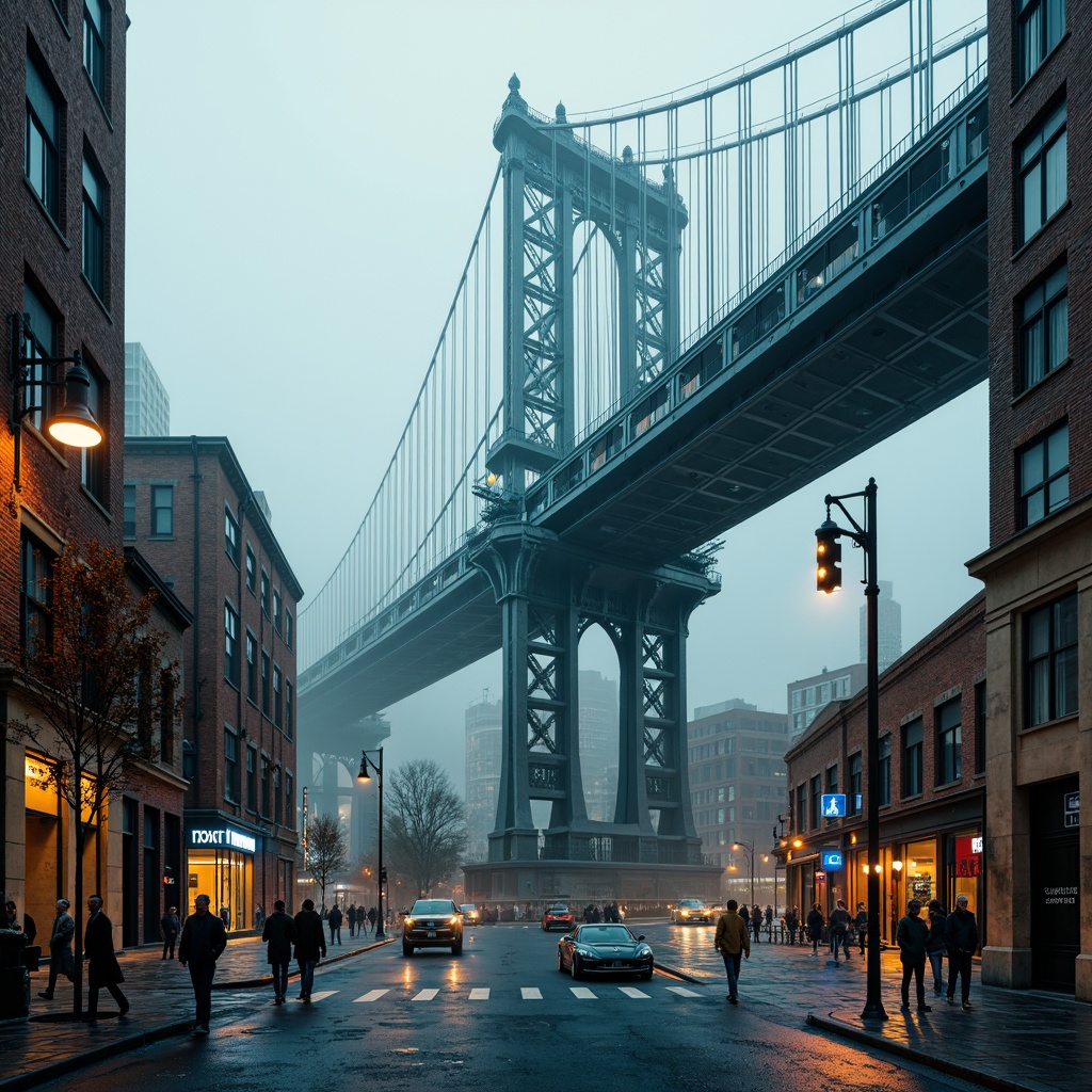 Prompt: Vibrant urban landscape, majestic bridge structure, steel beams, suspension cables, modern architecture, industrial materials, misty morning atmosphere, soft warm lighting, subtle color gradations, blue-grey tones, rusty orange accents, weathered concrete textures, atmospheric perspective, 1/2 composition, cinematic mood, realistic reflections.