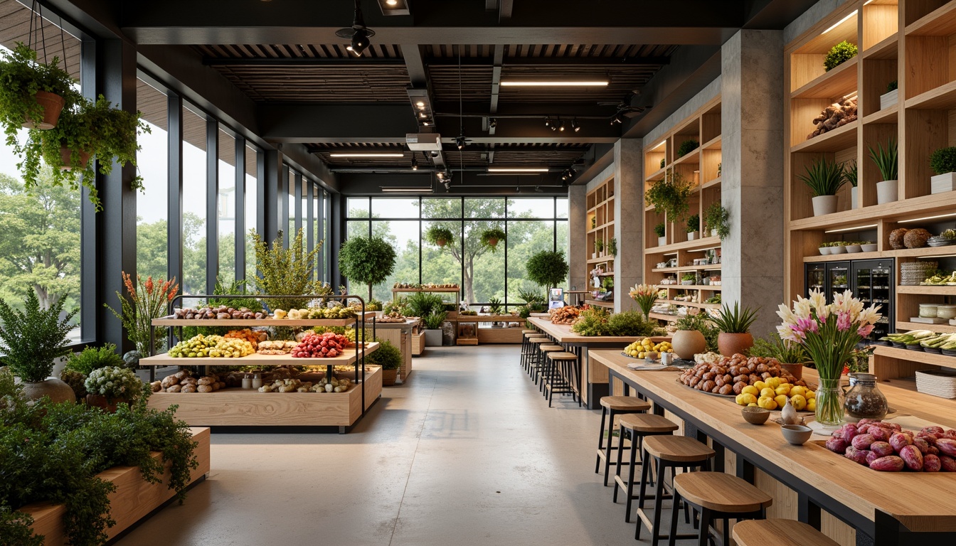 Prompt: Vibrant grocery store interior, polished concrete floors, wooden shelves, metal racks, glass display cases, LED lighting, natural stone walls, earthy color palette, organic produce stands, fresh flower arrangements, modern minimalist decor, eco-friendly materials, sustainable building practices, energy-efficient systems, abundant natural light, shallow depth of field, 1/1 composition, realistic textures, ambient occlusion.