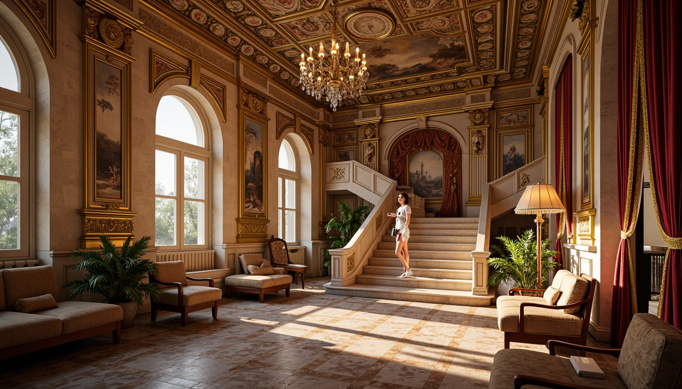 Prompt: Ornate Baroque palace, rich gold accents, warm beige stone walls, grandiose staircases, intricate marble patterns, lavish furnishings, opulent chandeliers, dramatic archways, ornamental frescoes, vibrant jewel-toned tapestries, luxurious velvet drapes, soft warm candlelight, shallow depth of field, 1/1 composition, realistic textures, ambient occlusion.