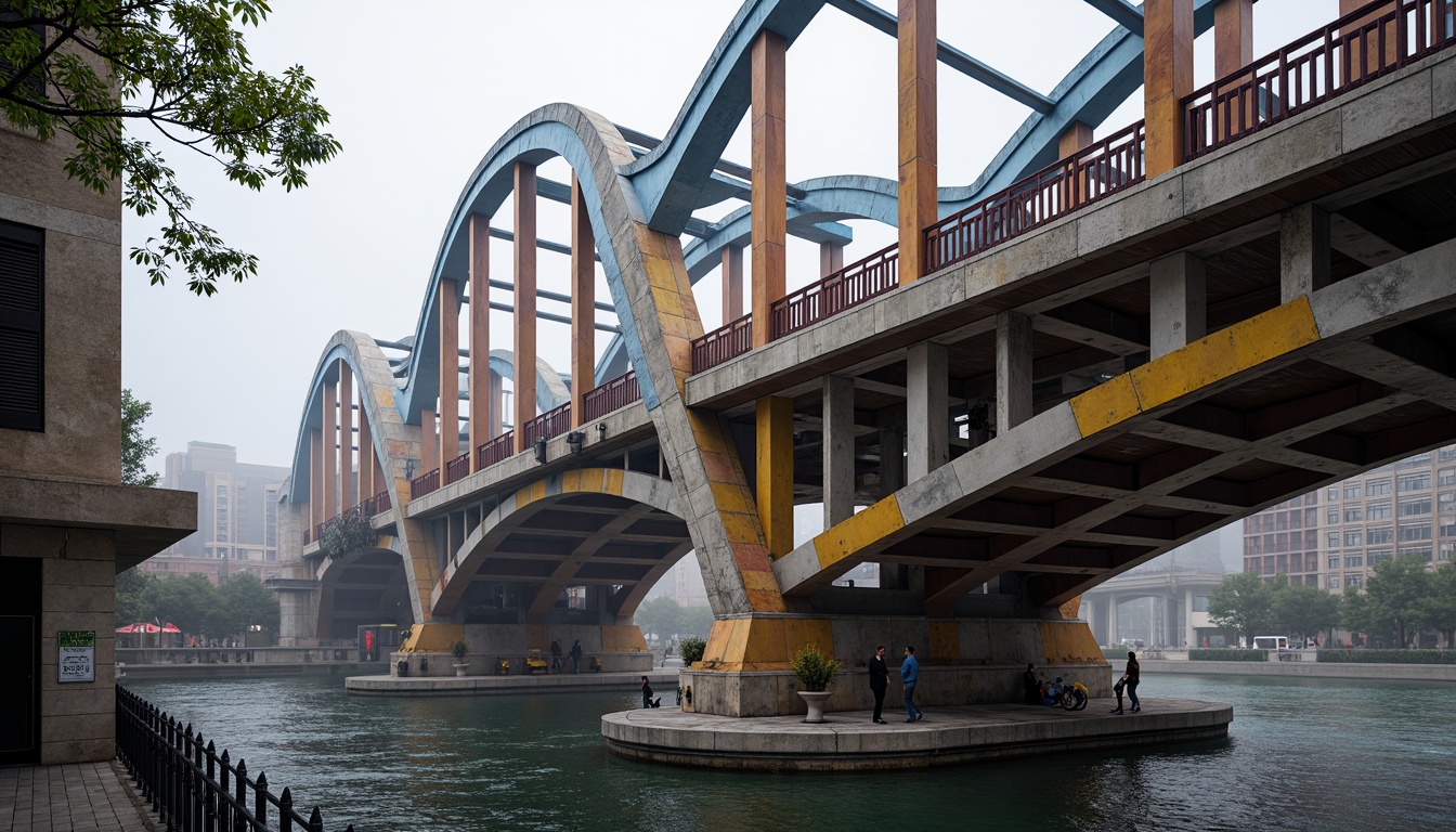 Prompt: Eclectic bridge architecture, curved lines, irregular shapes, mixed materials, steel beams, stone pillars, wooden decks, vibrant color schemes, ornate details, Gothic-inspired arches, Romanesque columns, Art Nouveau motifs, futuristic accents, dynamic lighting, misty atmosphere, urban cityscape, riverbank setting, pedestrian walkways, vehicle traffic flow, 1/2 composition, low-angle shot, dramatic shadows, realistic textures, ambient occlusion.