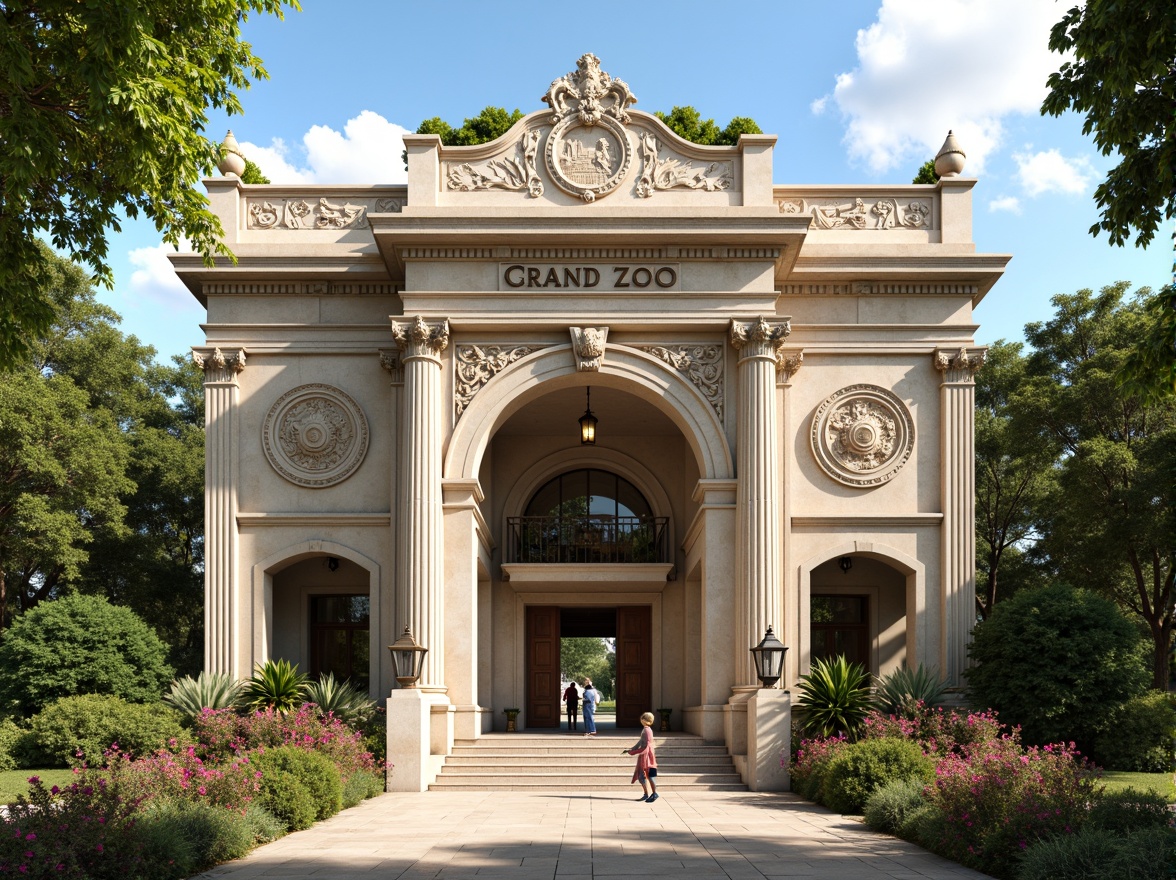 Prompt: Grand zoo entrance, neoclassical facade, ornate columns, carved stone details, symmetrical architecture, majestic archways, intricate moldings, rustic wooden doors, vintage metal lanterns, lush greenery, tropical plants, exotic flowers, sunny day, warm soft lighting, shallow depth of field, 3/4 composition, panoramic view, realistic textures, ambient occlusion.