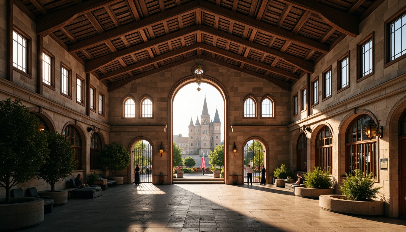 Prompt: Grandiose stadium, ribbed vaulted ceiling, pointed arches, flying buttresses, intricate stone carvings, stained glass windows, majestic entrance gates, ornate ironwork, vibrant pennants, lush greenery, natural stone fa\u00e7ade, towering spires, dramatic lighting, high-contrast shadows, 1/2 composition, symmetrical framing, warm golden hour, realistic textures, ambient occlusion.