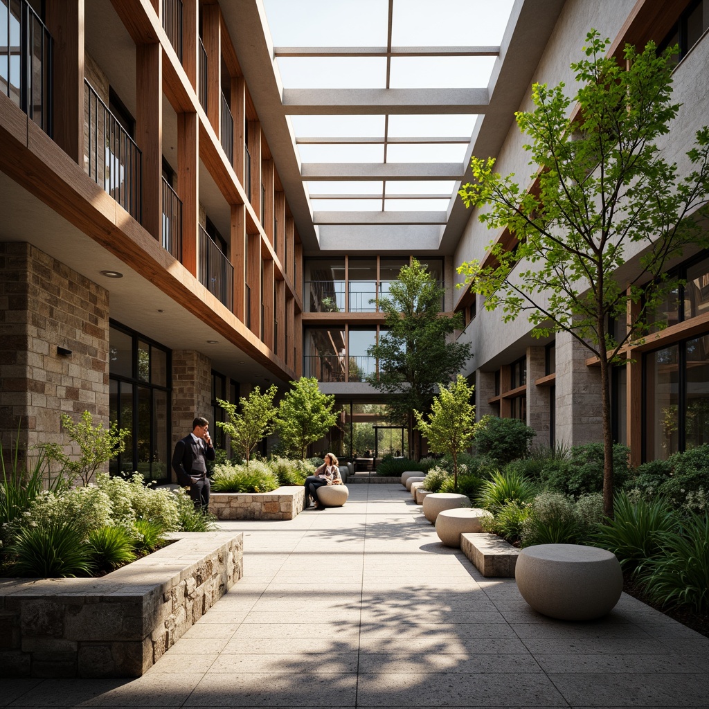 Prompt: Rustic stone walls, smooth wooden accents, rough-hewn granite floors, sleek metal railings, vibrant greenery, natural light pouring through clerestory windows, modern minimalist architecture, bold geometric shapes, contrasting textures, earthy color palette, warm ambient lighting, shallow depth of field, 1/1 composition, realistic render, atmospheric perspective.