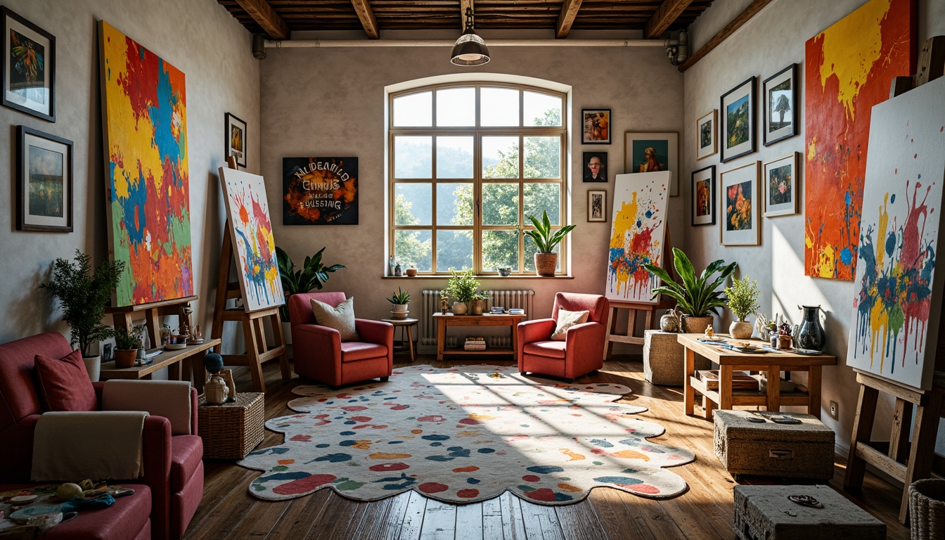 Prompt: Vibrant art studio, eclectic furniture, bold brushstrokes, abstract canvases, artistic easels, paint-splattered aprons, colorful palettes, mixing mediums, textured papers, natural light pouring in, wooden floorboards, inspirational quotes, creative freedom, warm cozy atmosphere, soft overhead lighting, 3/4 composition, shallow depth of field, realistic textures.