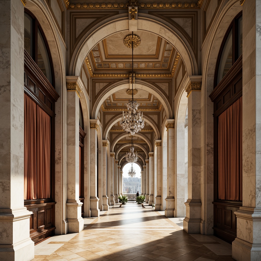 Prompt: Marble columns, ornate carvings, grand archways, symmetrical facades, rusticated bases, smooth limestone walls, intricate moldings, gilded details, velvet drapes, polished wooden floors, crystal chandeliers, soft warm lighting, shallow depth of field, 3/4 composition, panoramic view, realistic textures, ambient occlusion.