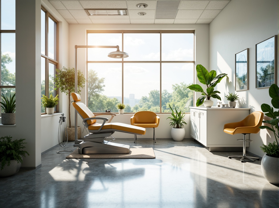 Prompt: Bright dental clinic, large windows, natural light pouring in, minimal shading devices, reflective surfaces, sterile white walls, sleek metal equipment, comfortable waiting area, lush green plants, calming ambiance, soft warm lighting, shallow depth of field, 3/4 composition, realistic textures, ambient occlusion.