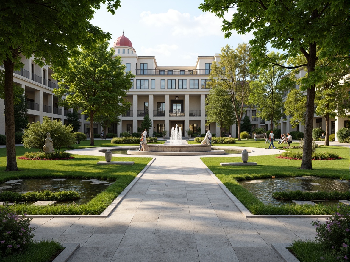 Prompt: Manicured lawns, ornate fountains, symmetrical gardens, majestic trees, walking paths, stone statues, classical columns, ornamental hedges, vibrant flower beds, tranquil ponds, serene water features, elegant street lamps, refined benches, harmonious color palette, soft natural lighting, 1/1 composition, realistic textures, ambient occlusion.