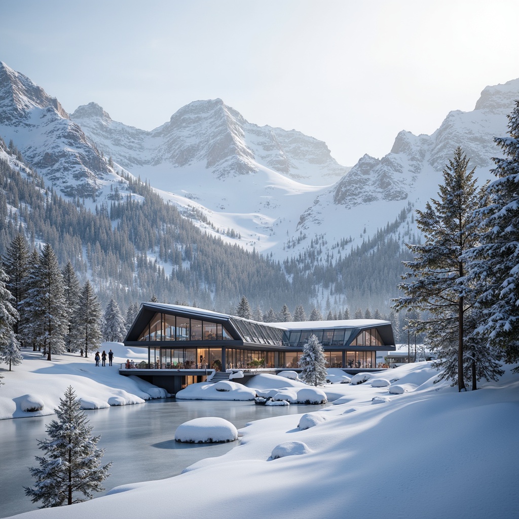 Prompt: Snow-capped mountains, frosty pine trees, icy slopes, modern ski center, sleek glass facades, angular metal frames, minimalist design, clean lines, monochromatic color scheme, snowflake-inspired patterns, frozen lake views, misty morning atmosphere, soft warm lighting, shallow depth of field, 3/4 composition, panoramic view, realistic textures, ambient occlusion.