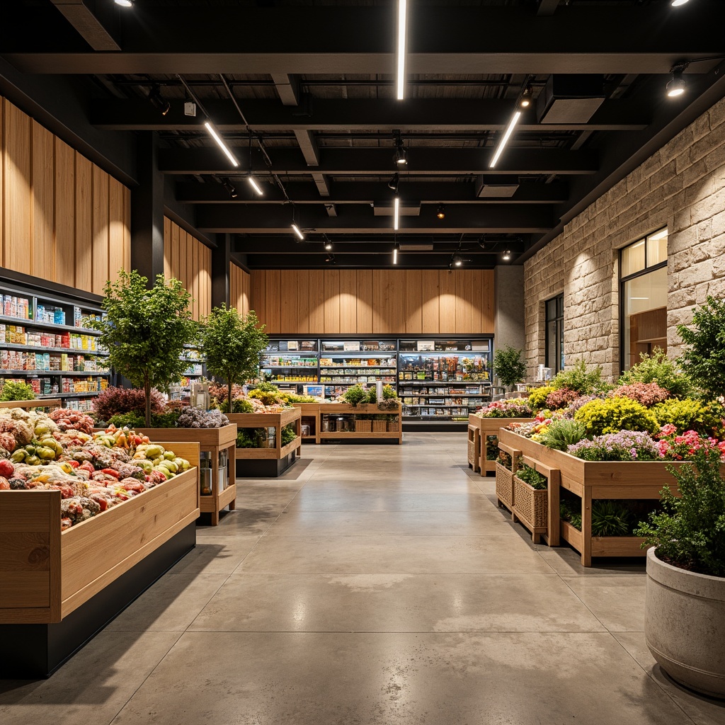 Prompt: Vibrant grocery store interior, polished concrete floors, wooden shelves, metal racks, glass display cases, LED lighting, natural stone walls, earthy color palette, organic produce stands, fresh flower arrangements, modern minimalist decor, eco-friendly materials, sustainable building practices, energy-efficient systems, abundant natural light, shallow depth of field, 1/1 composition, realistic textures, ambient occlusion.