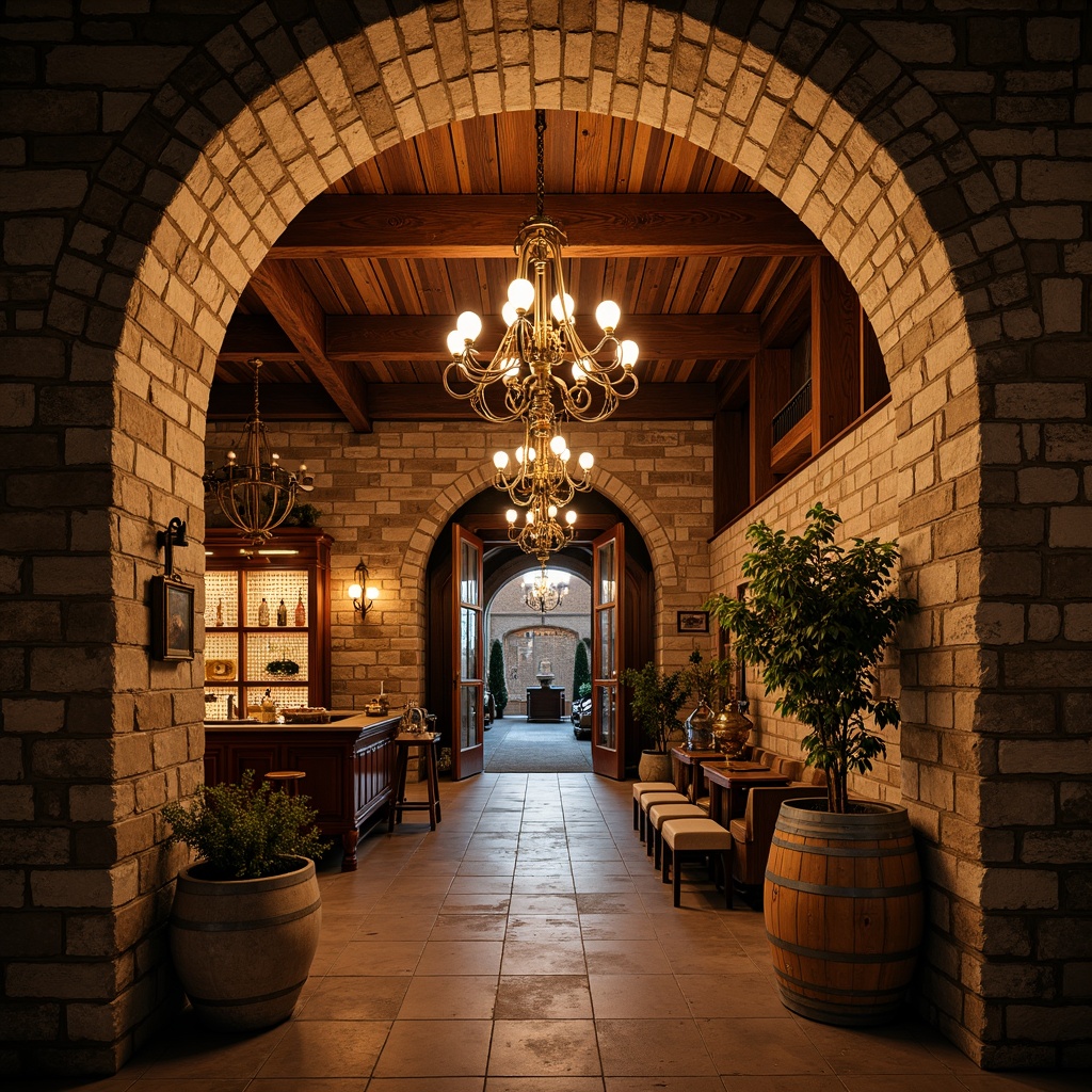 Prompt: Rustic winery, ornate stone fa\u00e7ade, curved archways, grandiose entrance, lavish chandeliers, rich wood accents, intricate carvings, ornamental metalwork, vintage wine barrels, dimly lit cellar, aged brick walls, vaulted ceilings, dramatic staircases, opulent furnishings, warm golden lighting, soft focus, shallow depth of field, 1/2 composition, atmospheric perspective, realistic textures, ambient occlusion.