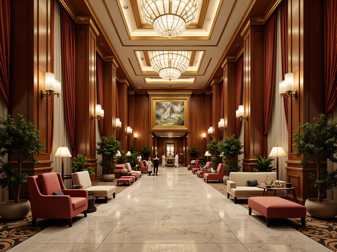 Prompt: Elegant hotel lobby, grand chandelier, marble flooring, ornate columns, luxurious furnishings, velvet drapes, golden accents, intricate moldings, symmetrical layout, spacious high ceiling, crystal sconces, rich wood paneling, comfortable seating areas, warm ambient lighting, shallow depth of field, 1/1 composition, realistic textures, soft focus effect.