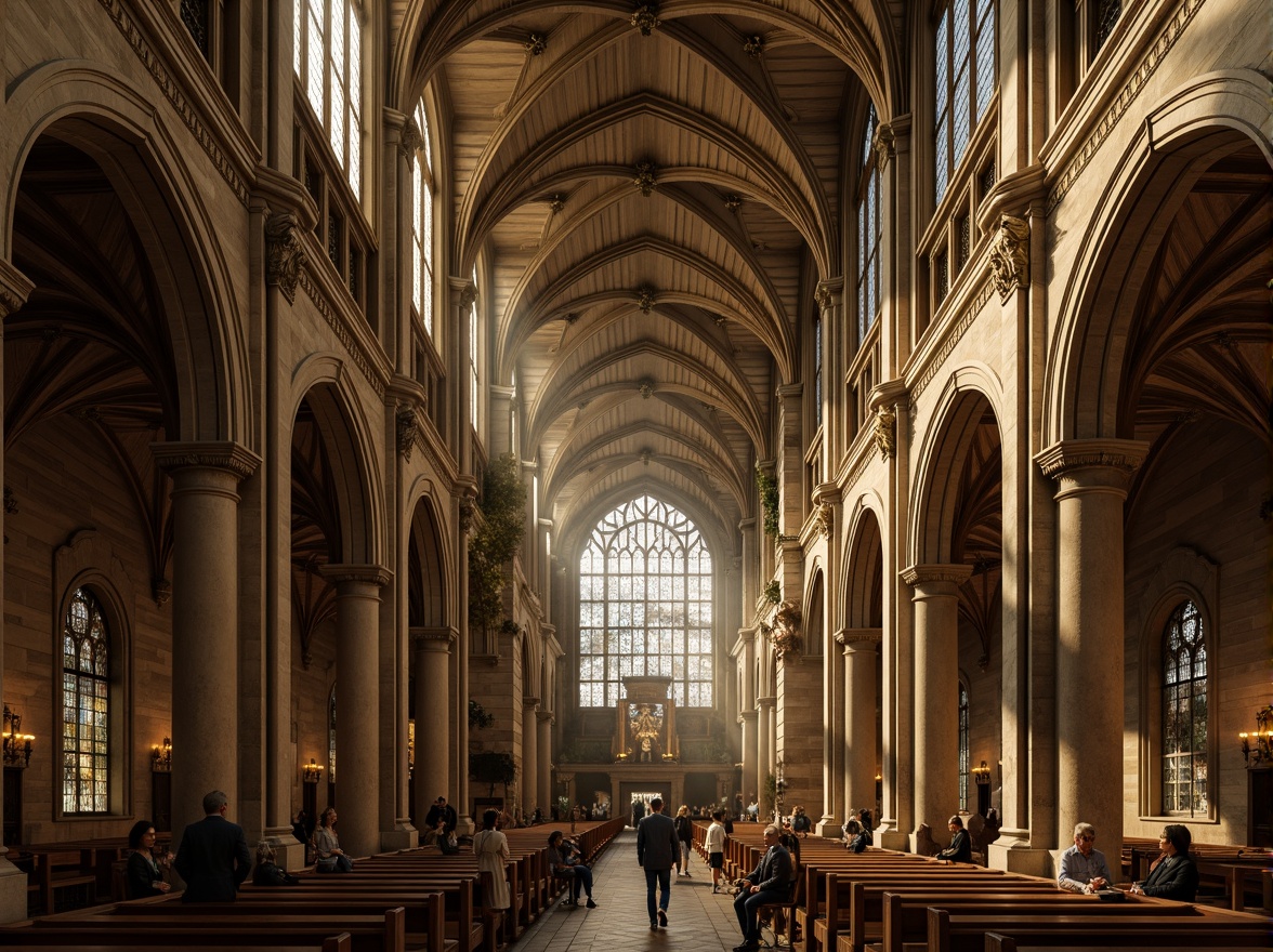 Prompt: Intricate stone carvings, ornate flying buttresses, grand cathedral architecture, ribbed vaulted ceilings, stained glass windows, dramatic verticality, soaring heights, majestic pillars, ornamental tracery, mystical ambiance, warm golden lighting, soft diffused shadows, 3/4 composition, symmetrical framing, realistic textures, ambient occlusion.