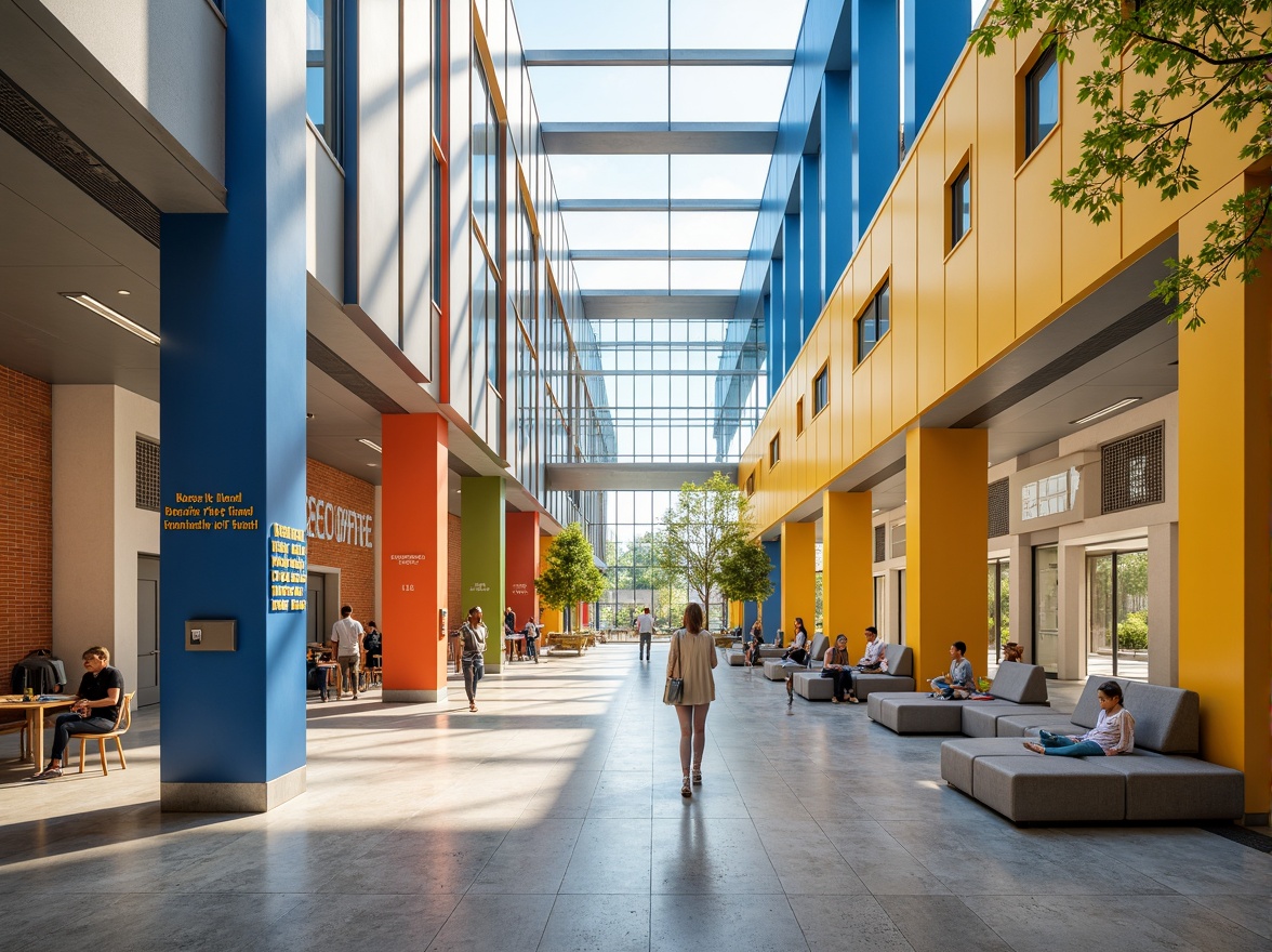 Prompt: Vibrant high school building, fusion architecture style, bold color scheme, bright blue accents, warm yellow tones, deep orange hues, neutral beige background, modern metallic materials, sleek glass surfaces, angular lines, minimalist design, educational signage, inspirational quotes, collaborative learning spaces, flexible seating areas, natural light infusion, soft warm lighting, shallow depth of field, 3/4 composition, panoramic view, realistic textures, ambient occlusion.