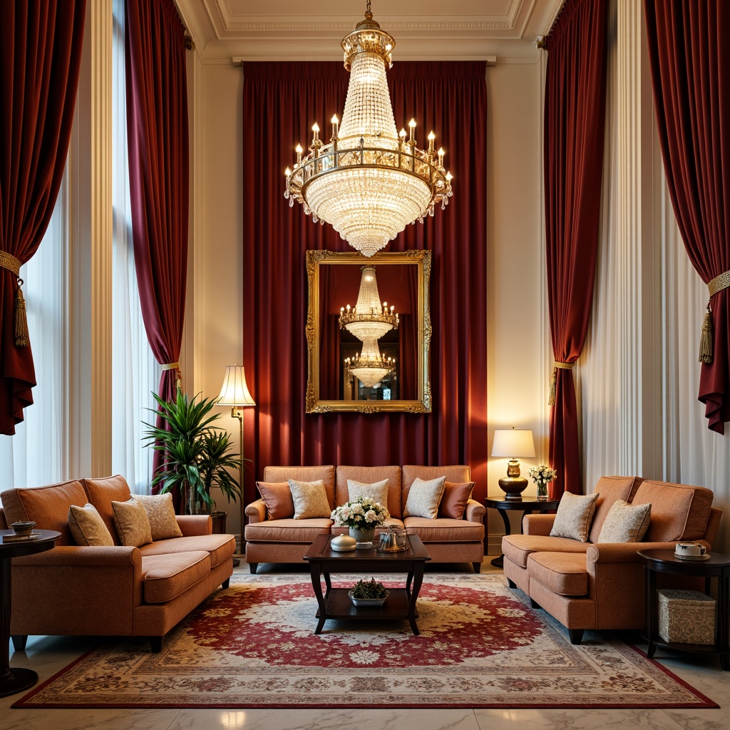 Prompt: Luxurious hotel lobby, rich velvet drapes, ornate golden frames, plush silk sofas, intricately patterned rugs, majestic crystal chandeliers, elegant marble floors, neoclassical columns, subtle cream walls, sophisticated furniture upholstery, lavish curtains, opulent fabrics, refined embroidery, delicate lace details, warm ambient lighting, shallow depth of field, 1/2 composition, realistic textures, soft focus effect.