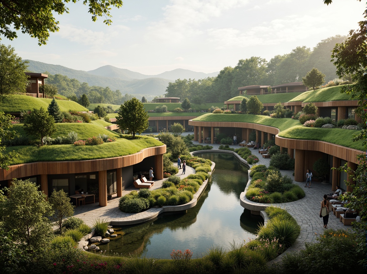 Prompt: Organic blob-shaped buildings, curved lines, futuristic architecture, lush green roofs, verdant walls, natural stone foundations, meandering pathways, serene water features, koi ponds, wooden decks, cantilevered structures, panoramic views, soft warm lighting, shallow depth of field, 3/4 composition, realistic textures, ambient occlusion, misty morning atmosphere, vibrant colorful flora, eclectic garden ornaments, whimsical sculptures.