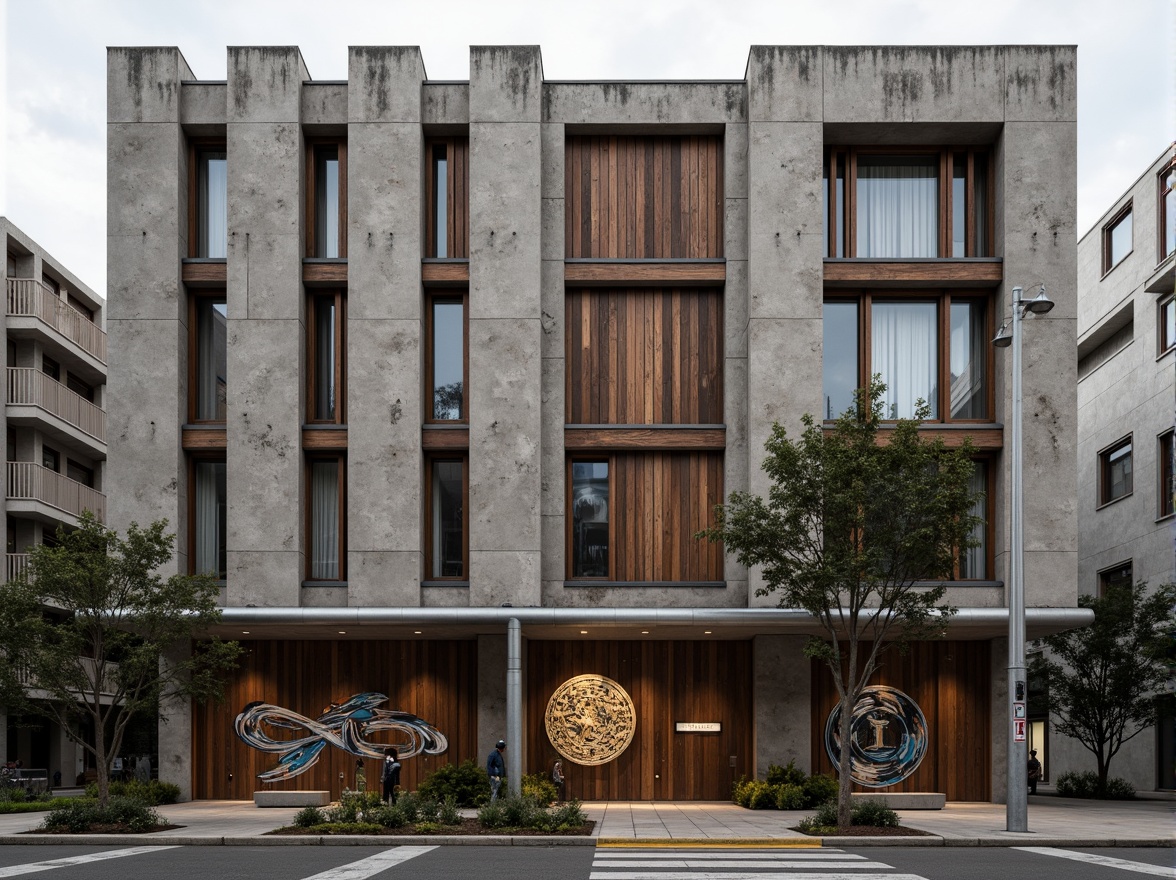 Prompt: Rustic constructivist building, exposed concrete walls, rough stone textures, metallic accents, industrial pipes, reclaimed wood planks, distressed finishes, brutalist fa\u00e7ade, geometric patterns, abstract murals, urban cityscape, overcast sky, dramatic shadows, high-contrast lighting, 1/1 composition, symmetrical framing, realistic renderings, ambient occlusion.