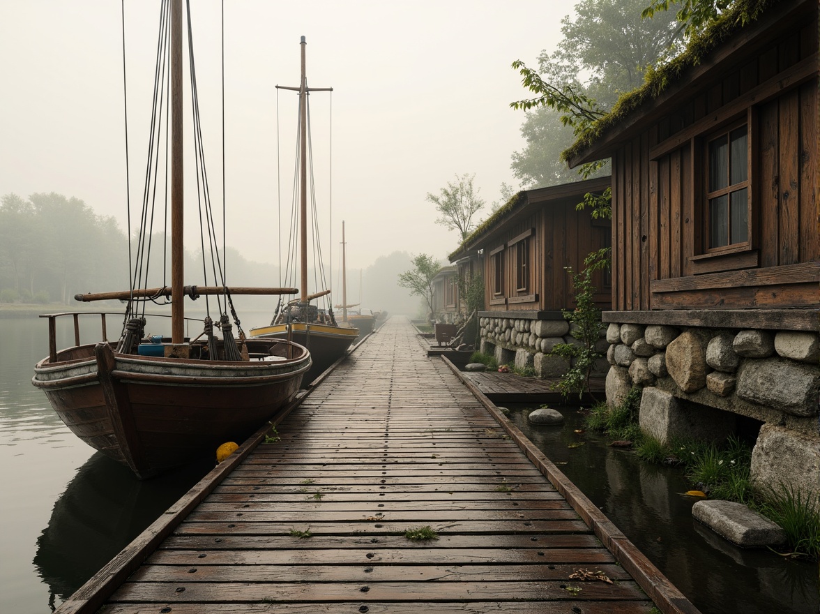 Prompt: Rustic wooden docks, weathered boat hulls, nautical ropes, distressed metal accents, reclaimed wood planks, earthy stone foundations, moss-covered roofs, serene lake surroundings, misty morning atmosphere, soft warm lighting, shallow depth of field, 3/4 composition, panoramic view, realistic textures, ambient occlusion.