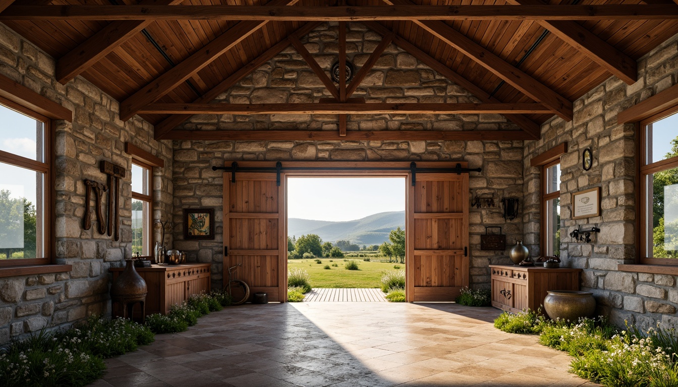 Prompt: Rustic barn, wooden beams, vintage farm tools, natural stone walls, earthy tones, soft warm lighting, large windows, wooden shutters, ornate metal hinges, distressed wood textures, rural landscape, rolling hills, green pastures, wildflowers, sunny day, shallow depth of field, 3/4 composition, panoramic view, realistic textures, ambient occlusion.