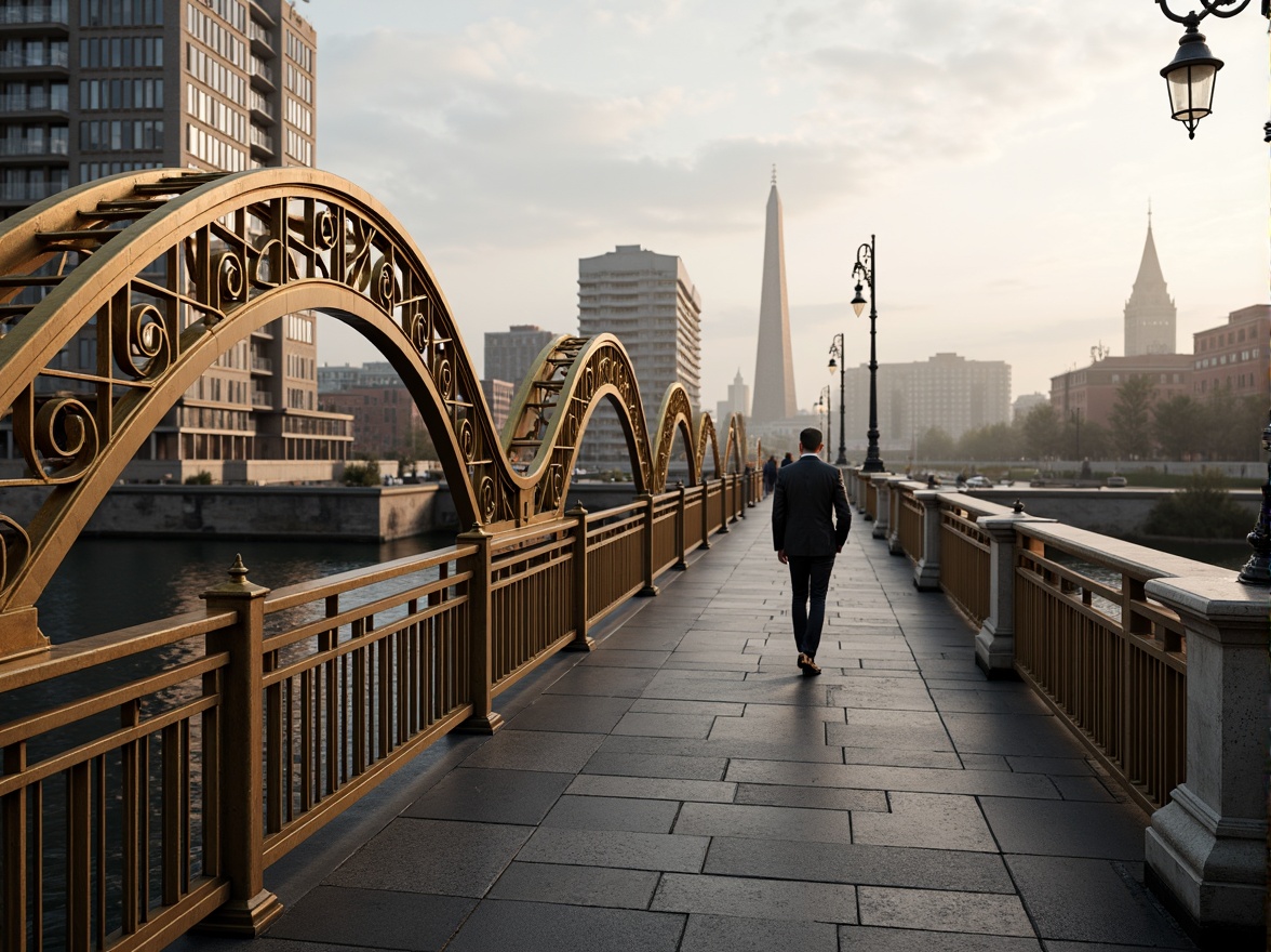 Prompt: Art Deco bridge, ornate metal railings, curved geometric patterns, luxurious golden accents, sleek modern lines, urban cityscape, misty morning atmosphere, soft warm lighting, shallow depth of field, 1/1 composition, realistic metallic textures, ambient occlusion, intricate stonework, grand archways, vintage lampposts, ornamental ironwork, pedestrian walkways, scenic river views, bustling metropolitan activity.