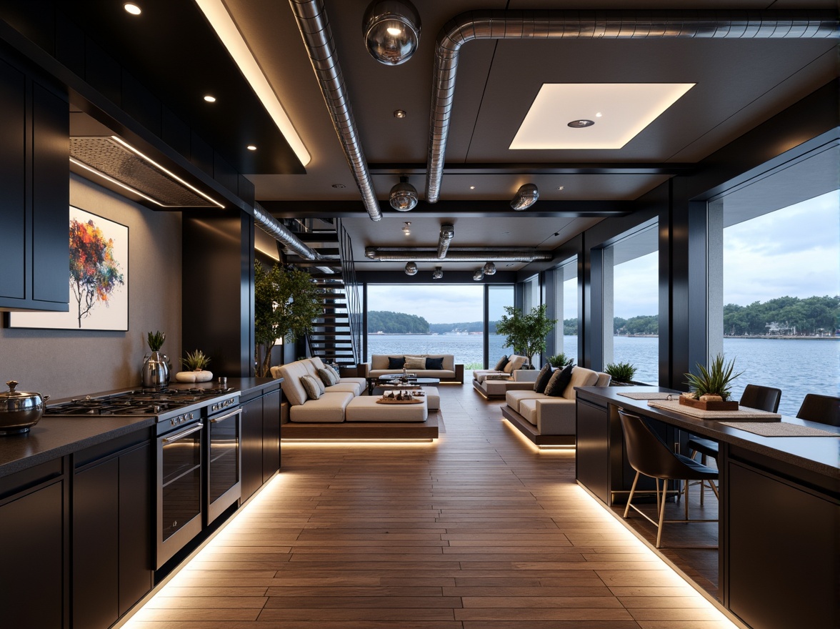 Prompt: Luxurious boathouse interior, high-tech gadgets, sleek metallic accents, polished wooden floors, floor-to-ceiling windows, panoramic lake views, minimalist decor, futuristic lighting systems, ambient LED illumination, ergonomic furniture, premium leather upholstery, nautical-themed accessories, abstract artwork, glass staircase, open-plan living area, state-of-the-art kitchen appliances, induction cooktop, high-gloss countertops, matte black cabinets, industrial-chic pipes, exposed ductwork, dramatic ceiling heights, 1/1 composition, softbox lighting, realistic reflections.