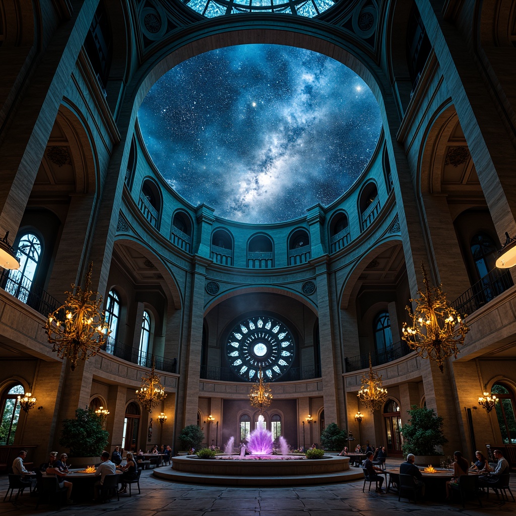 Prompt: Dark mysterious planetarium, gothic arches, celestial bodies, starry night sky, rich jewel-toned colors, emerald green, sapphire blue, amethyst purple, gold accents, intricate stone carvings, ornate metalwork, stained glass windows, grandiose chandeliers, mystical ambiance, soft ethereal lighting, dramatic shadows, 1/1 composition, symmetrical framing, high contrast ratio, cinematic atmosphere.