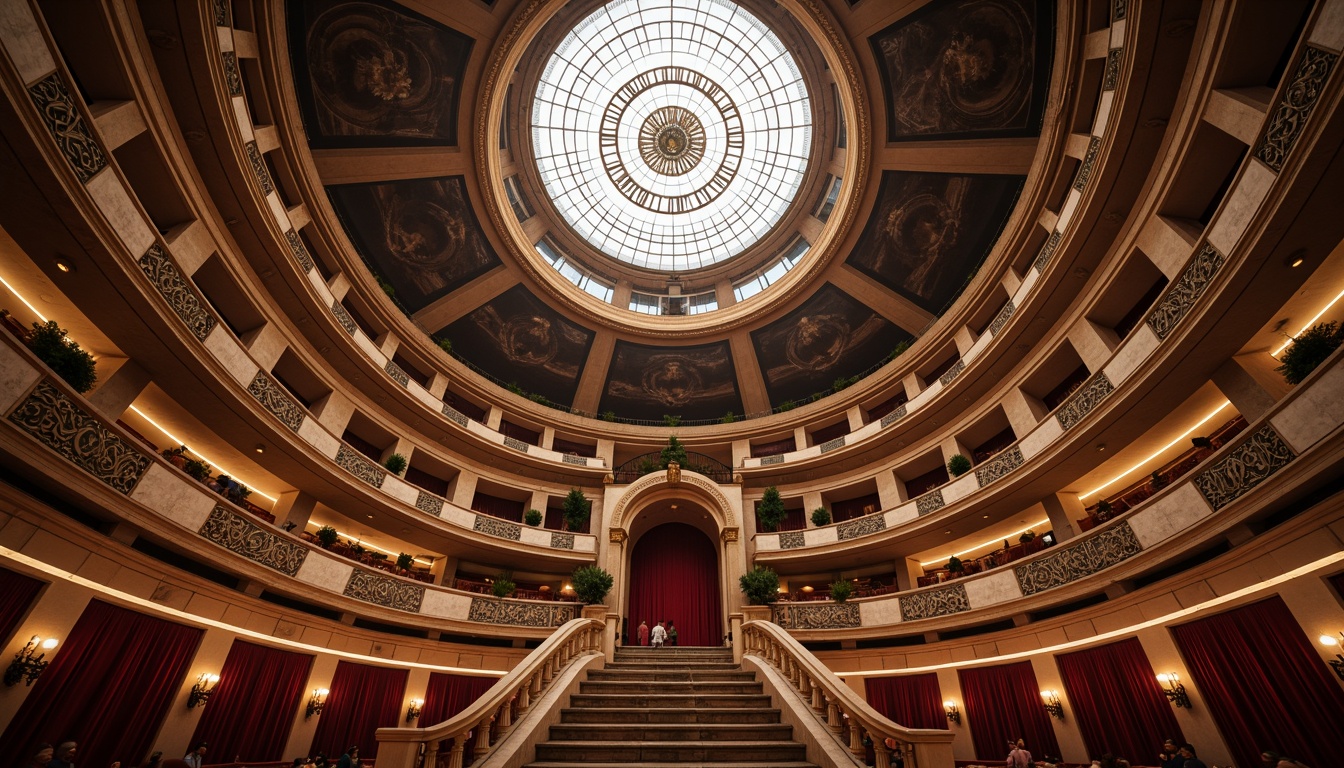 Prompt: Grand opera house, sweeping curves, ornate details, rich wood tones, velvet drapes, golden accents, majestic chandeliers, natural stone walls, grand staircase, intricate carvings, soft warm lighting, diffused sunlight, clerestory windows, high ceilings, dramatic shadows, 1/1 composition, symmetrical framing, realistic textures, ambient occlusion.