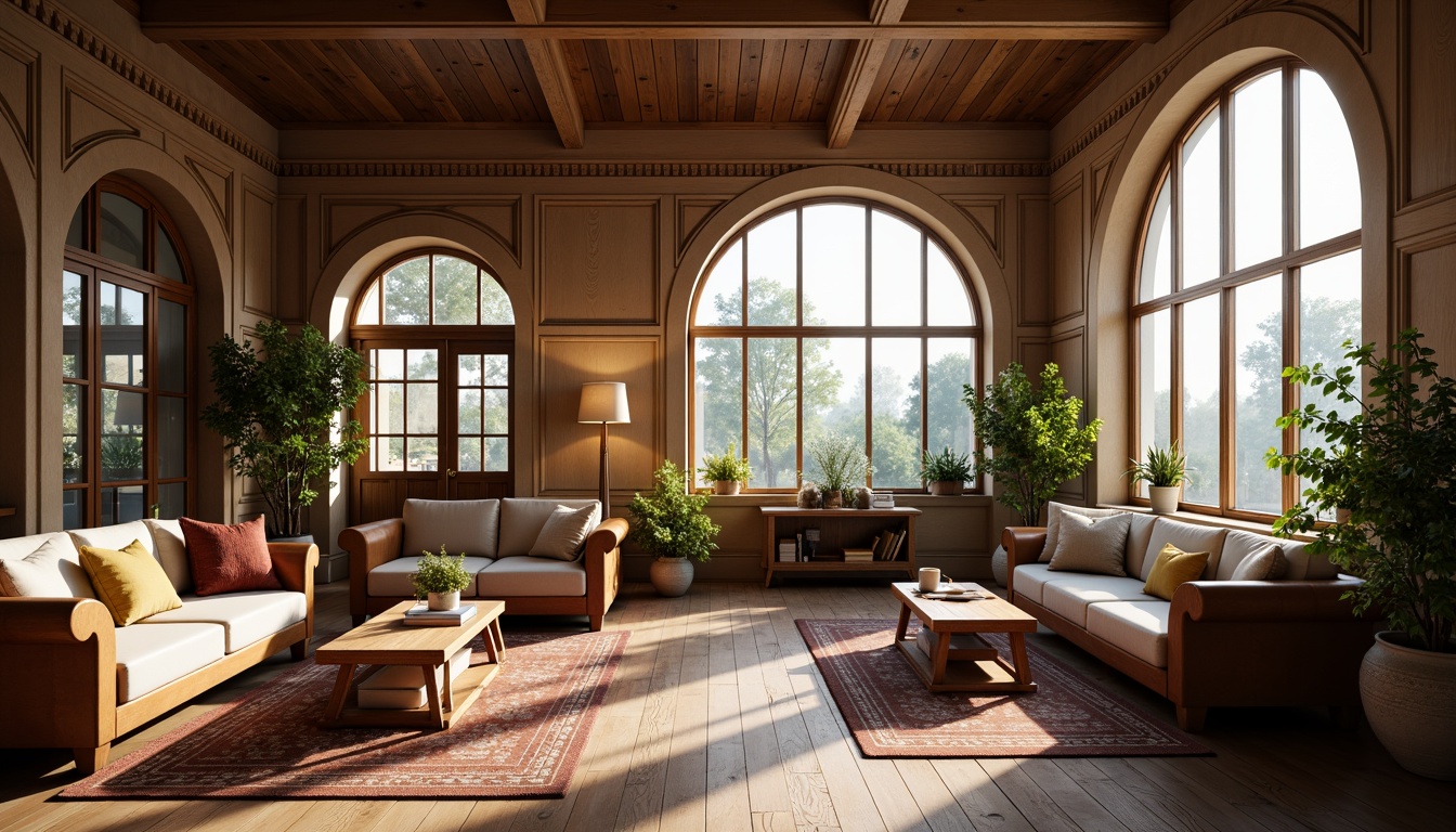 Prompt: Cozy student lounge, warm wooden accents, soft natural lighting, large windows, elegant archways, classic columns, comfortable sofas, rustic coffee tables, vintage rugs, earthy color palette, subtle texture details, shallow depth of field, 1/1 composition, realistic rendering, ambient occlusion, morning sunlight, gentle shadows, peaceful atmosphere.