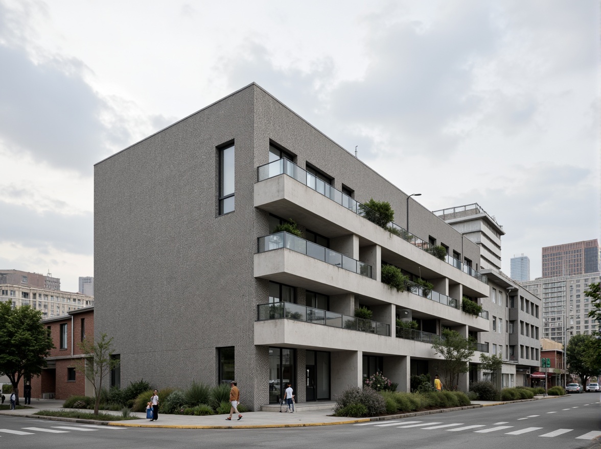 Prompt: Fiber-cement building, modern industrial architecture, textured concrete fa\u00e7ade, reinforced fiber-mesh structure, durable weather-resistant exterior, high-strength load-bearing capacity, sustainable eco-friendly materials, minimalist design aesthetic, urban cityscape background, cloudy overcast sky, soft diffused lighting, shallow depth of field, 1/2 composition, realistic textures, ambient occlusion.