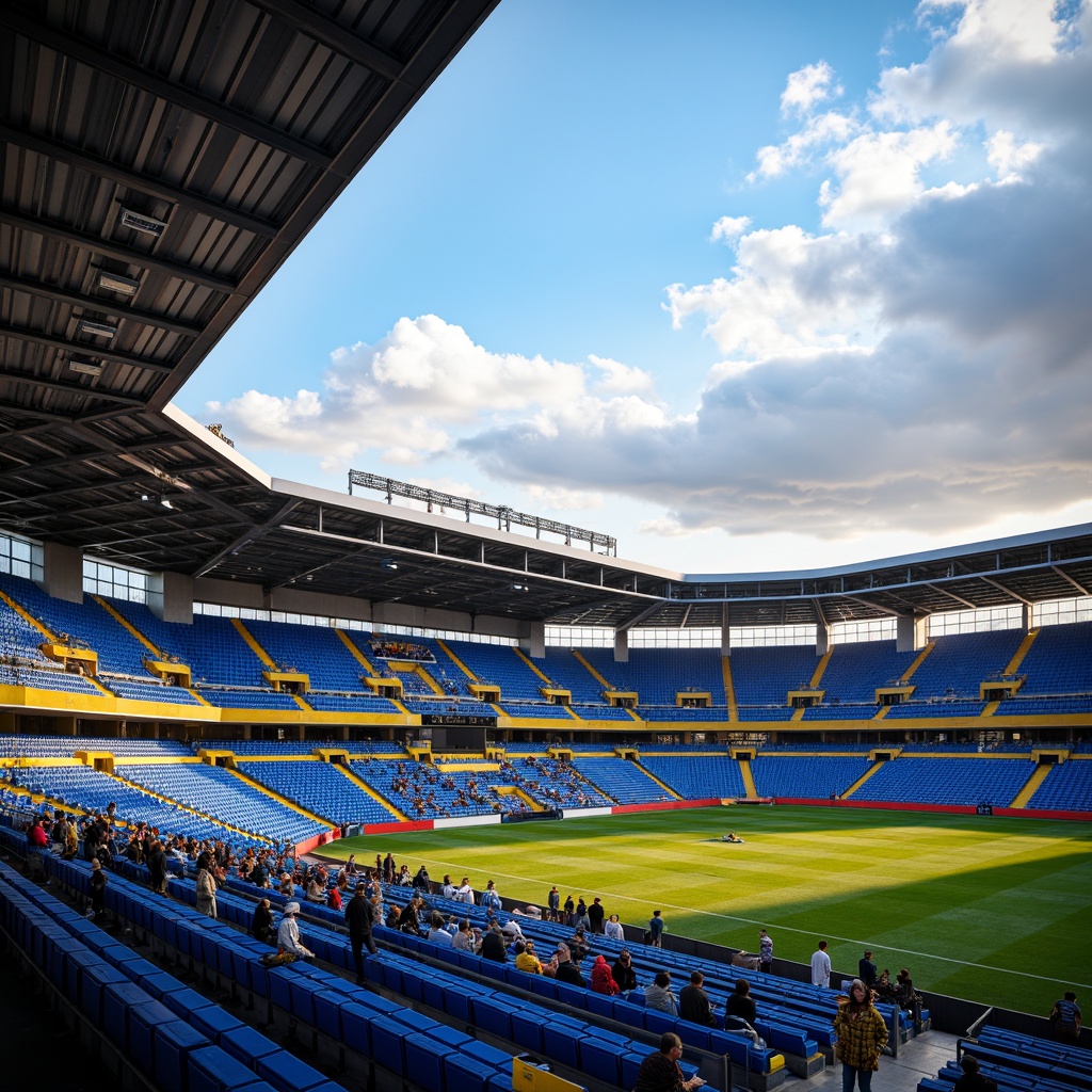 Prompt: Vibrant stadium atmosphere, electric blue seats, bright yellow accents, bold red stripes, dynamic LED lighting, modern angular architecture, sleek metal beams, polished concrete floors, energetic crowd scenes, sunny day with fluffy white clouds, shallow depth of field, 1/1 composition, realistic textures, ambient occlusion, dramatic shadows, warm golden hour lighting.