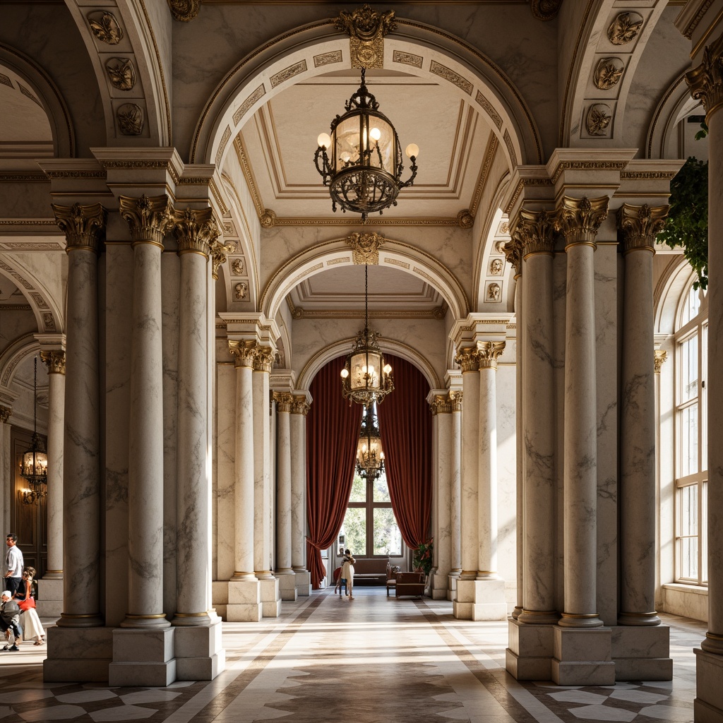 Prompt: Marble columns, ornate carvings, grand archways, symmetrical facades, rusticated bases, smooth limestone walls, intricate moldings, gilded details, velvet drapes, polished wooden floors, crystal chandeliers, soft warm lighting, shallow depth of field, 3/4 composition, panoramic view, realistic textures, ambient occlusion.