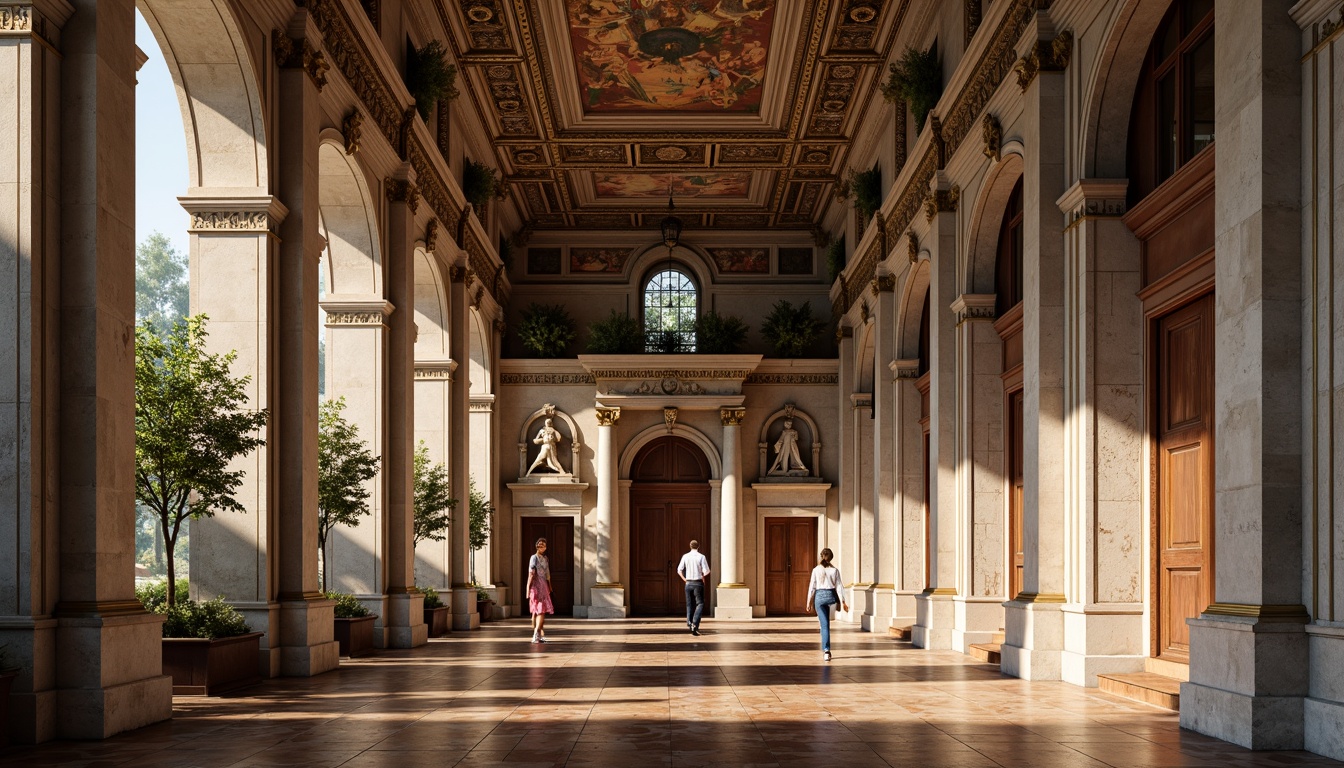 Prompt: Marble columns, ornate carvings, rustic stone walls, grand archways, symmetrical facades, ornamental moldings, gilded details, velvet drapes, polished wooden floors, intricate frescoes, stucco ceilings, limestone statues, bronze door handles, crystal chandeliers, soft warm lighting, shallow depth of field, 1/1 composition, realistic textures, ambient occlusion.