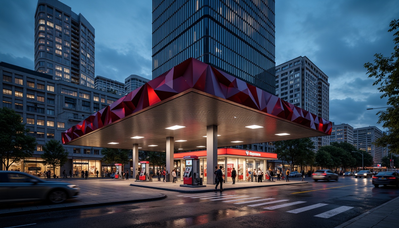 Prompt: Fragmented gas station facade, irregular shapes, bold color contrasts, dynamic angular lines, fractured forms, futuristic aesthetic, metallic materials, reflective surfaces, neon lights, urban cityscape, busy streets, evening atmosphere, dramatic shadows, high-contrast lighting, 1/1 composition, close-up shot, abstract textures, atmospheric fog.