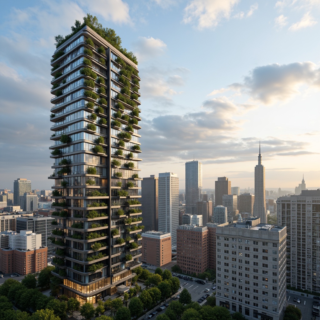 Prompt: Eco-friendly skyscraper, green roofs, solar panels, wind turbines, rainwater harvesting systems, grey water reuse, high-performance glazing, natural ventilation, double-glazed windows, low-E glass, LED lighting, occupancy sensors, energy-efficient elevators, recyclable materials, minimized waste, maximized daylight, optimized floor plates, cantilevered structures, aerodynamic shapes, urban wind farms, vertical gardens, living walls, bio-inspired facades, futuristic architecture, sleek metallic surfaces, angular lines, minimalist design, panoramic city views, dramatic cloud formations, soft warm lighting, shallow depth of field, 3/4 composition.