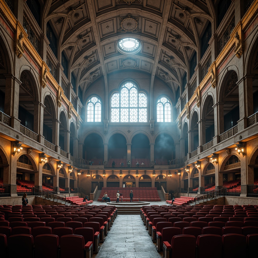 Prompt: Grandiose Gothic stadium, ornate stone carvings, vaulted ceilings, stained glass windows, intricate archways, majestic columns, regal seating areas, plush velvet cushions, golden metal accents, luxurious wooden details, atmospheric misty lighting, dramatic spotlights, 1/1 composition, symmetrical framing, realistic textures, ambient occlusion.