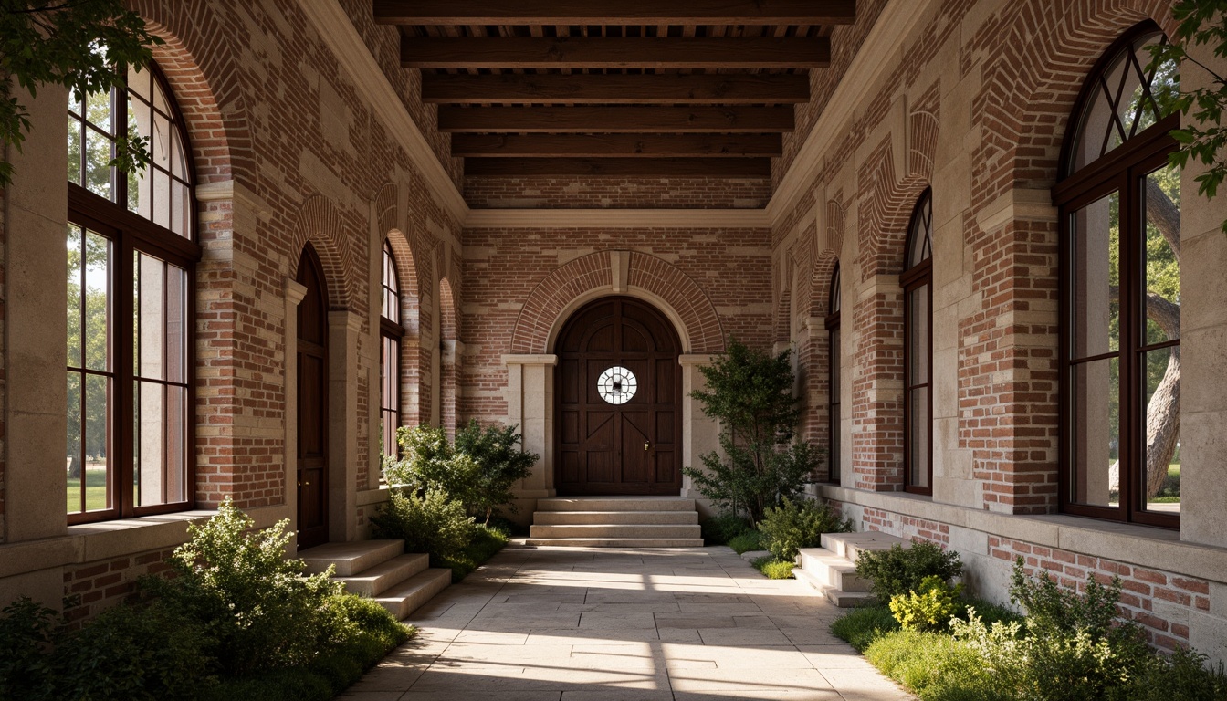 Prompt: Rustic stone walls, weathered brick facades, ornate carvings, grand archways, ribbed vaults, stained glass windows, heavy wooden doors, intricate ironwork, ornamental capitals, rough-hewn granite columns, earthy tone color palette, natural light filtering, warm ambient lighting, shallow depth of field, 2/3 composition, symmetrical framing, realistic textures, subtle atmospheric effects.