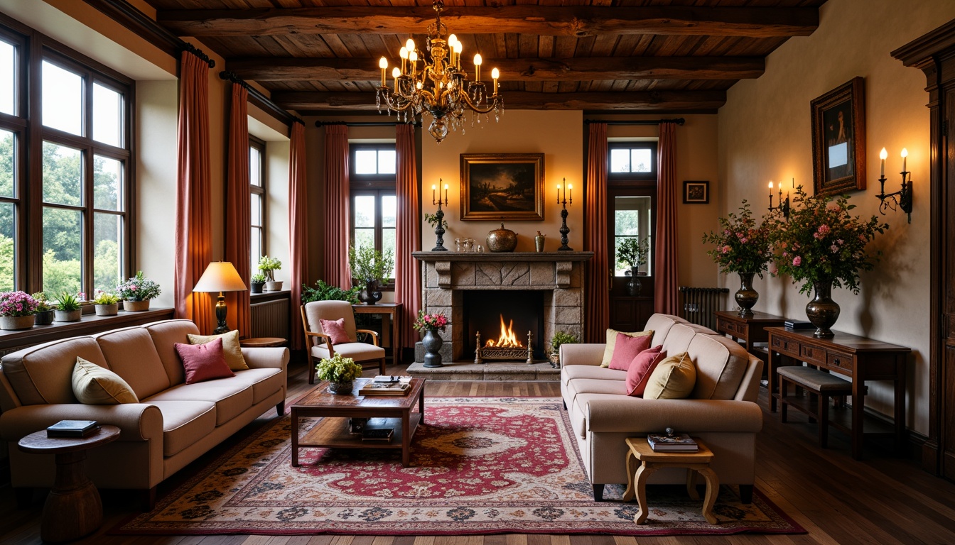 Prompt: Cozy living room, warm candlelight, rich velvet fabrics, ornate wooden furniture, intricate carvings, soft pastel colors, elegant chandeliers, plush area rugs, comfortable sofas, vintage decorative items, antique vases, fresh flower arrangements, large windows with drapery, natural stone fireplaces, rustic wooden beams, intimate ambiance, warm golden lighting, shallow depth of field, 1/1 composition, realistic textures, ambient occlusion.