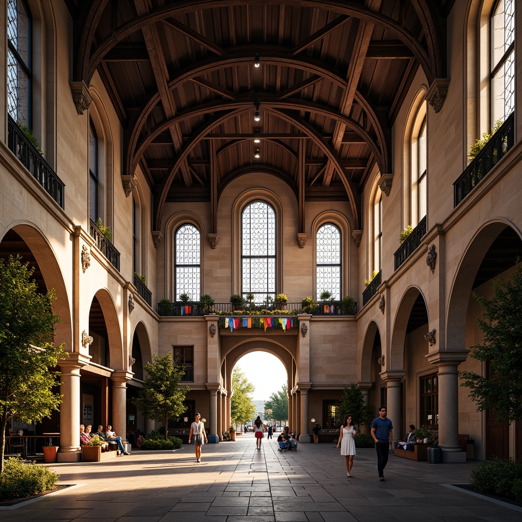 Prompt: Grandiose stadium, ribbed vaulted ceiling, pointed arches, flying buttresses, intricate stone carvings, stained glass windows, majestic entrance gates, ornate ironwork, vibrant pennants, lush greenery, natural stone fa\u00e7ade, towering spires, dramatic lighting, high-contrast shadows, 1/2 composition, symmetrical framing, warm golden hour, realistic textures, ambient occlusion.