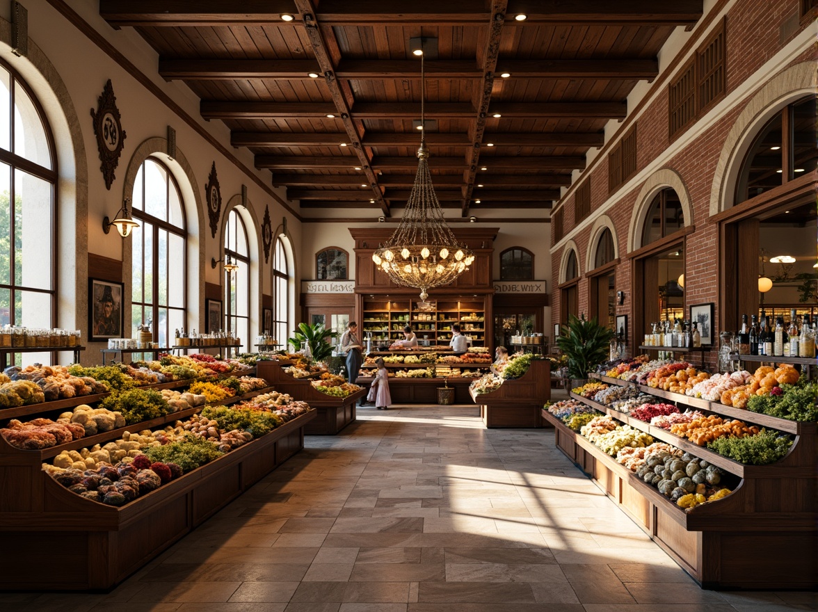 Prompt: Renaissance-style grocery store, ornate facades, arched windows, decorative cornices, grand entranceways, high ceilings, intricate moldings, polished marble floors, ornate chandeliers, wooden shelves, vintage-inspired signage, rustic brick walls, distressed wood accents, warm golden lighting, soft focus, shallow depth of field, 1/2 composition, realistic textures, ambient occlusion.