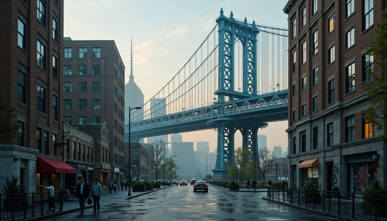 Prompt: Vibrant urban landscape, majestic bridge structure, steel beams, suspension cables, modern architecture, industrial materials, misty morning atmosphere, soft warm lighting, subtle color gradations, blue-grey tones, rusty orange accents, weathered concrete textures, atmospheric perspective, 1/2 composition, cinematic mood, realistic reflections.